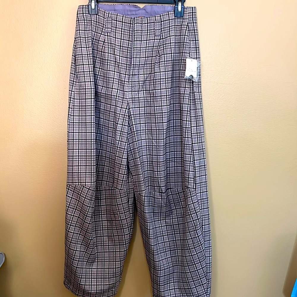Free People Plaid Gray Baggy Relaxed Mid Rise Turning Point Trousers Pant Size 0 - Picture 4 of 7